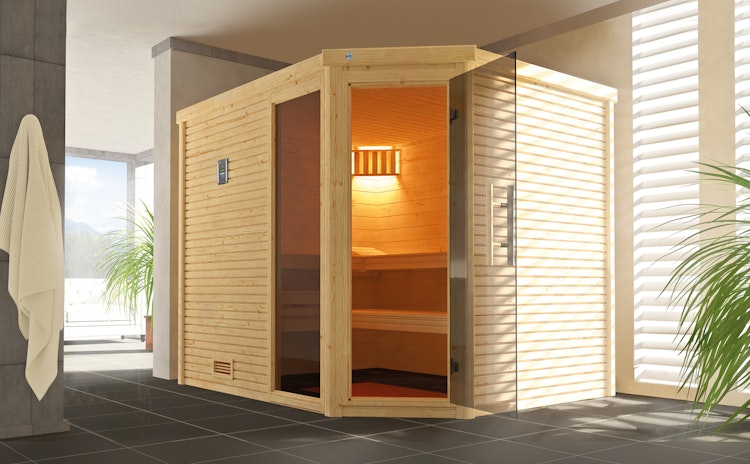 Weka Premium Massivholzsauna Cubilis 3 Familiensauna mit Glastür+Fenster inkl. Montageservice - 45 mm