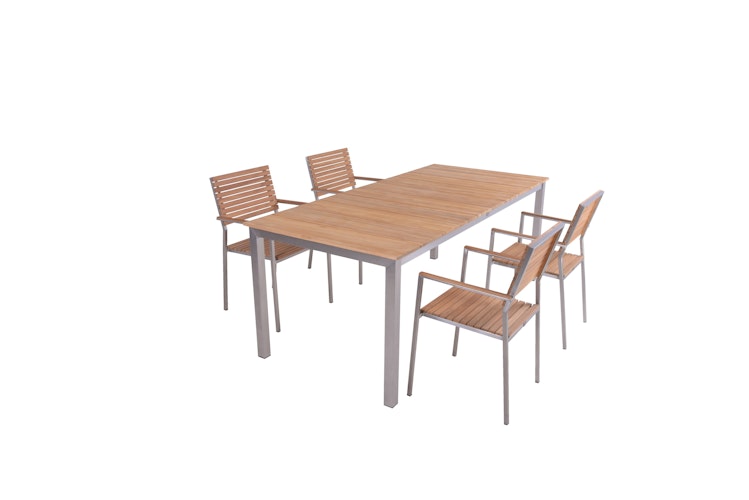 Garden Pleasure Gartenmöbel Set DALLAS / DENVER 07, Tisch 200 x 90 + 4 Stapelsessel, Edelstahl / Teak
