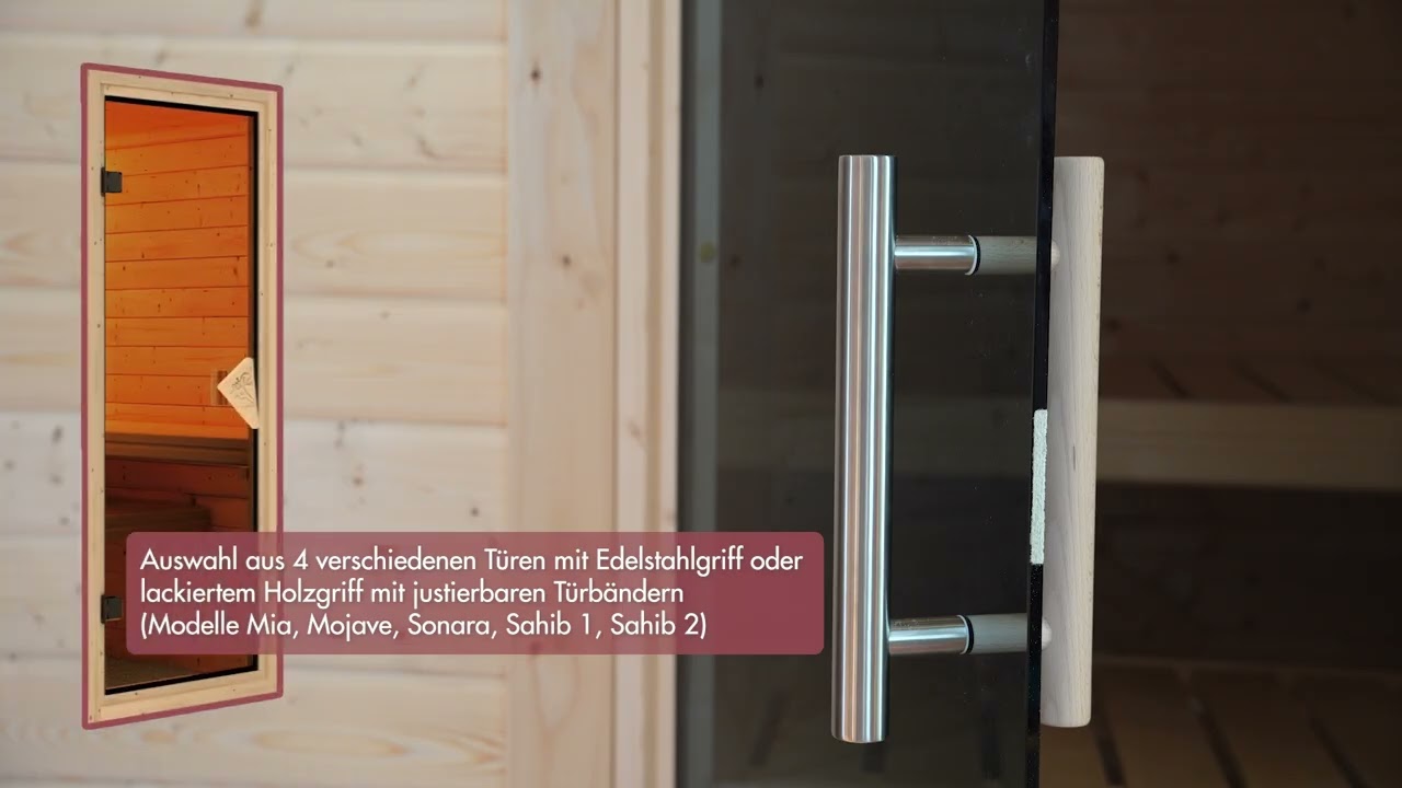 Karibu Sauna Sahib 2-Massivholzsauna 38 mm -Eckeinstieg - Exklusivoptik